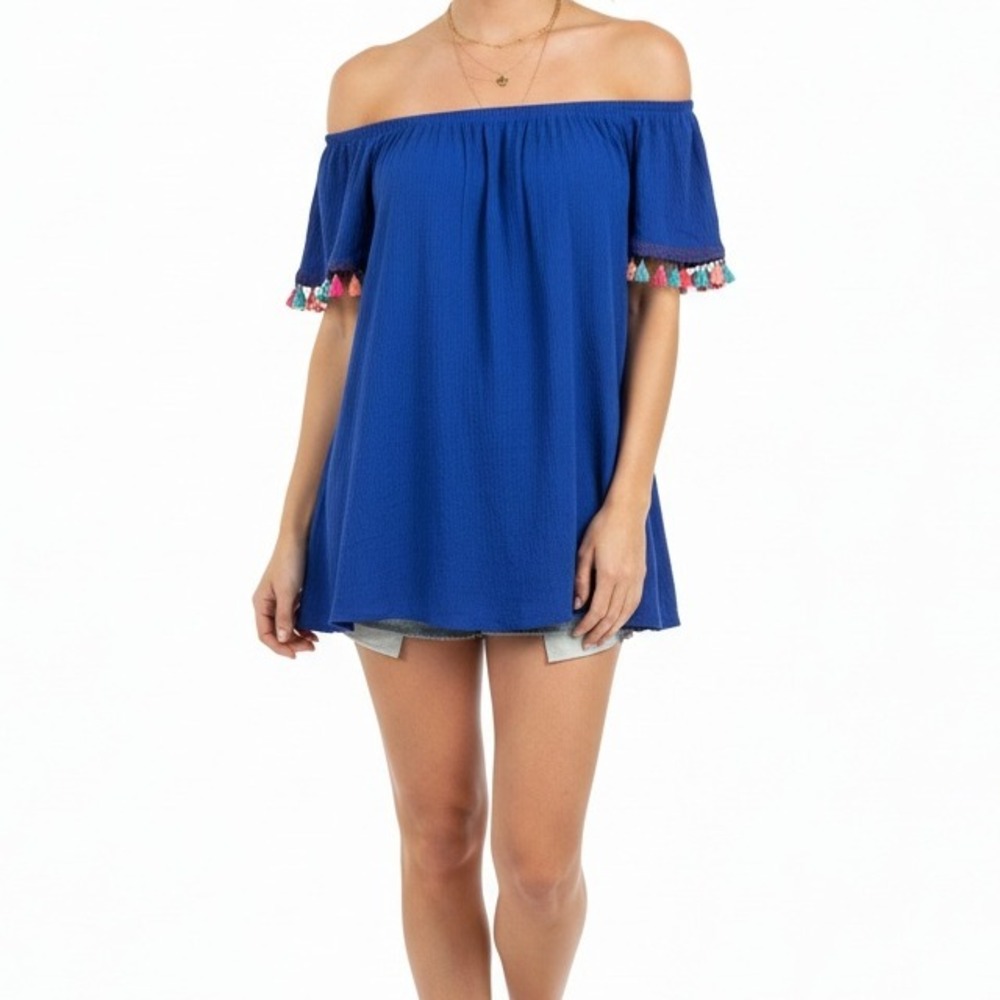 See You Monday Anthropologie Royal Blue Tassel Off Shoulder Dress Blouse XL Boho
